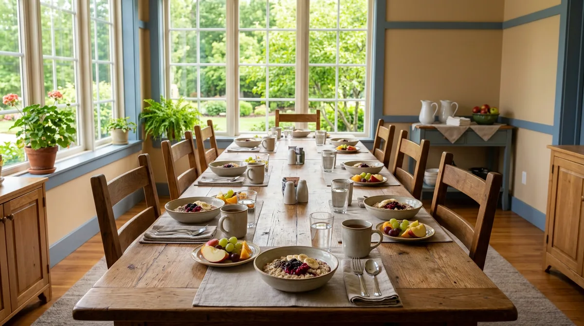 Светлая столовая центра с накрытым столом